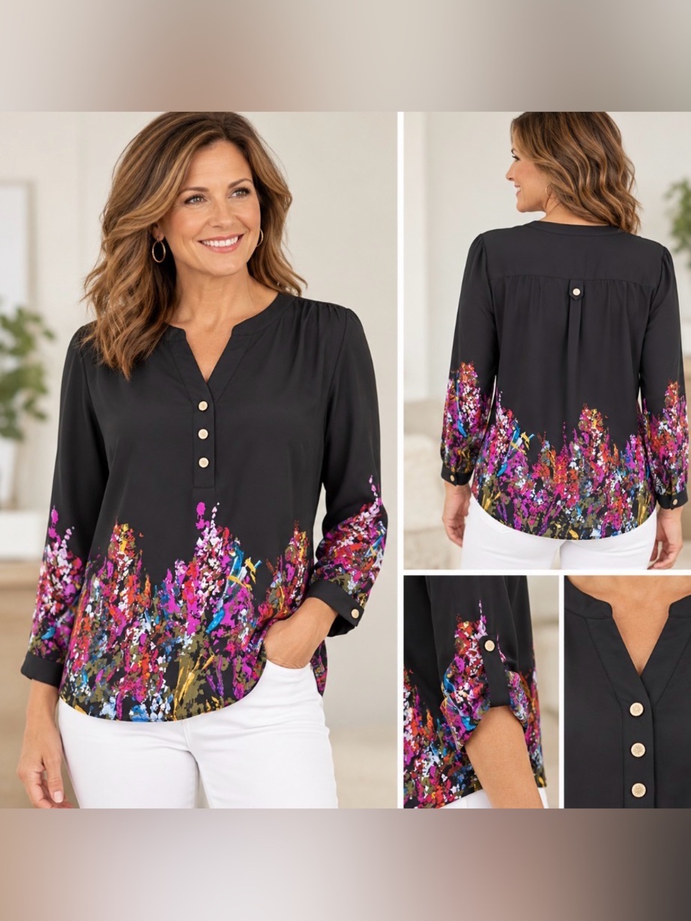 Investment Petite Women’s PM Blouse Black Floral Tab Sleeve NWT Z106
